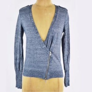 J. CREW Moto Zipper Cardigan Sweater blue wool linen lightweight knit layering
